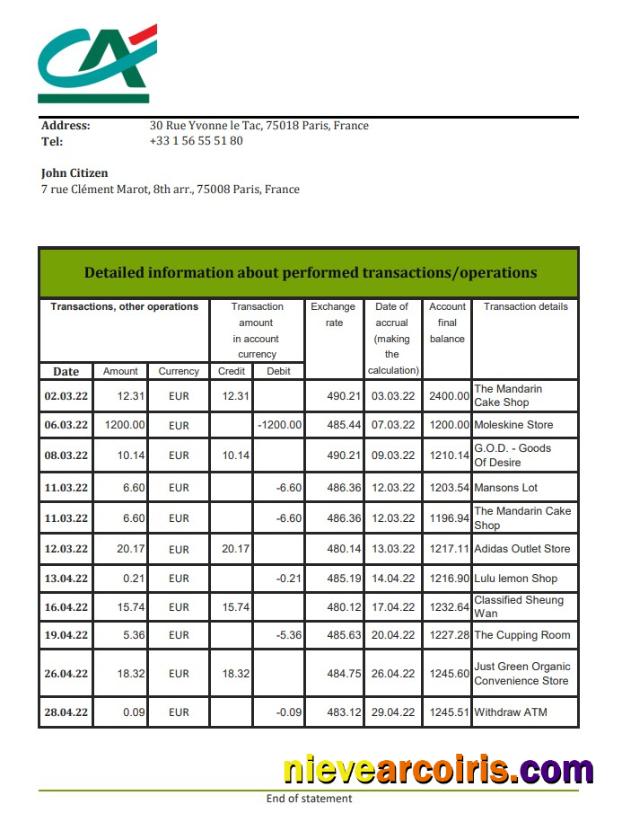 France Credite Agricole Bank statement xls